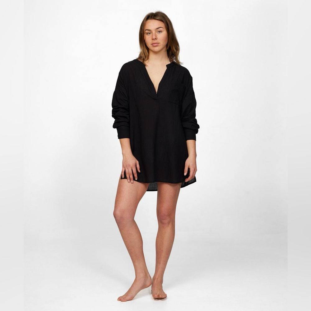 O'NEILL Belizin Swim Cover-Up Dress Deep V-Neck Cotton Black Semi Sheer Oversize